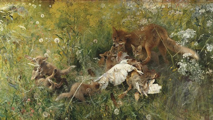Bruno Liljefors, Rävfamilj, signerad 1886, olja på duk.