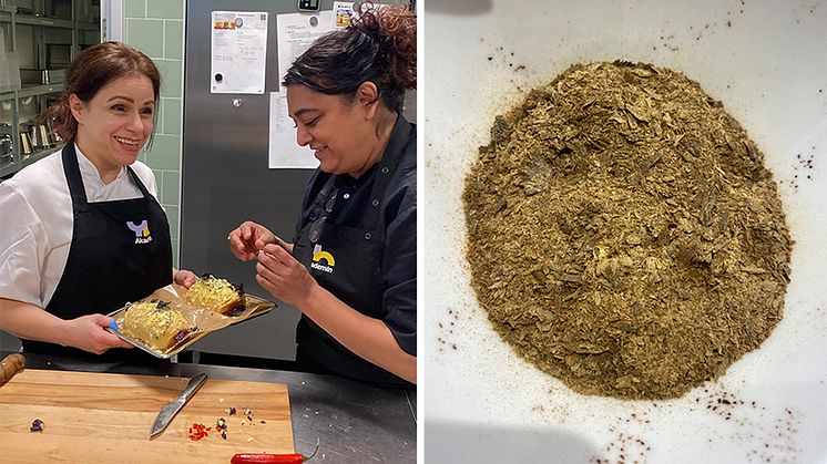 Lilit Petrosyan och Milla Ritzman vid YH Akademins utbildning Gastronomiledare testar recept med ostronmjöl. Foto: Matilda Runeson