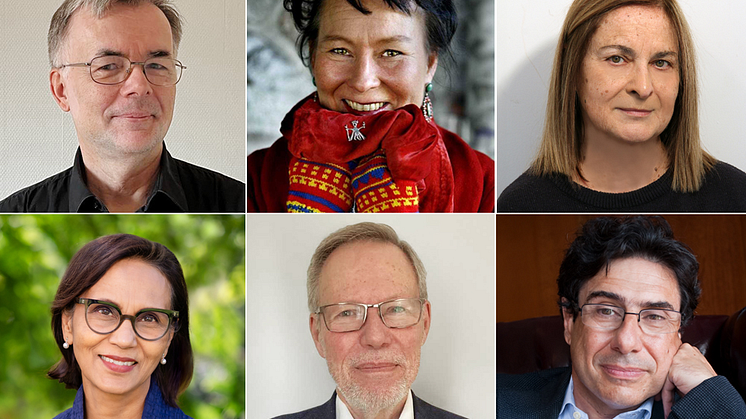 Hedersdoktorer vid Stockholms universitet 2025: Thomas von Heijne, Åsa Simma, Patrizia Calefato, Gita Mishra, Mats Melin, Philippe Aghion. (Fotografer, se nedan.)