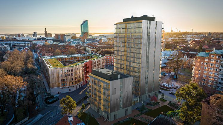 Kvarteret Hulte vid infarten till Västerås city består av två huskroppar, en lägre byggnad för co-living och en högre med 60 hyresrätter. 