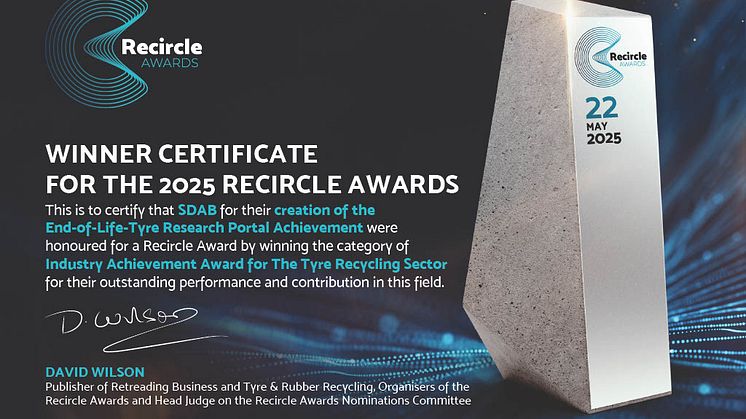 World’s first research portal on recycled tyre rubber receives international award