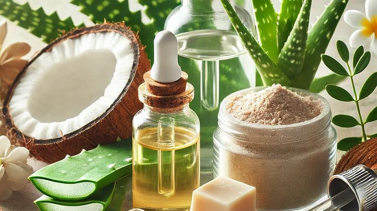 DALL·E 2024-11-28 13.16.26 - A detailed and realistic close-up of ingredients used in the cosmetics industry. The image showcases natural elements like fresh aloe vera leaves, she.jpg