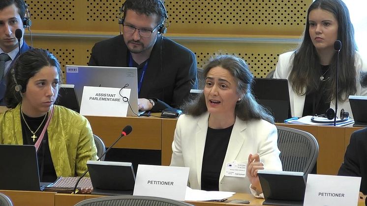 Secretary General of AOECS, Veronica Rubio, speaks before the Committee on Petitions at the European Parliament in Brussels.