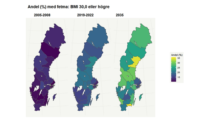 Historisk utvecklingen av fetma i svenska regioner, samt prognos för år 2035