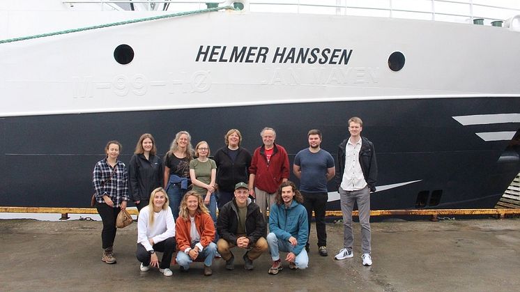 August 2023 PolarFront cruise team in front of the research vessel Helmer Hanssen. Frida Cnossen from Akvaplan-niva participated in the cruise but is missing from the picture (Photo: Njaal Heddle)