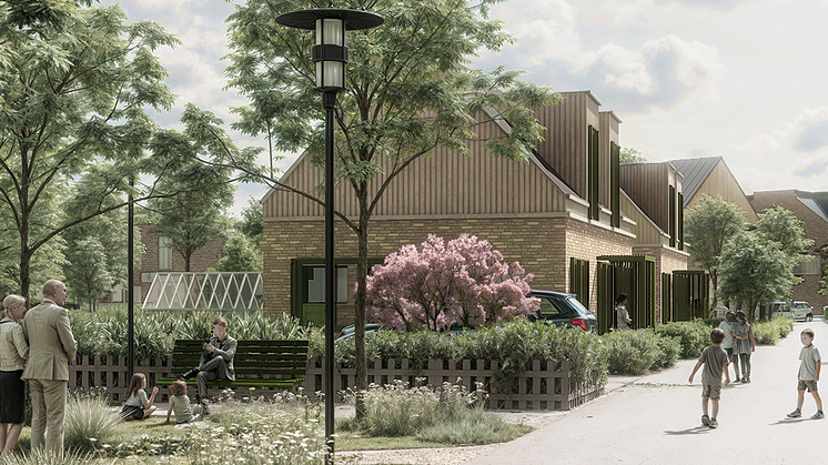 Exempel på olika typer av låg bebyggelse som planeras i den nya stadsdelen Minnesdal norr om Kävlinge. Visionsbild från Tengbom. 