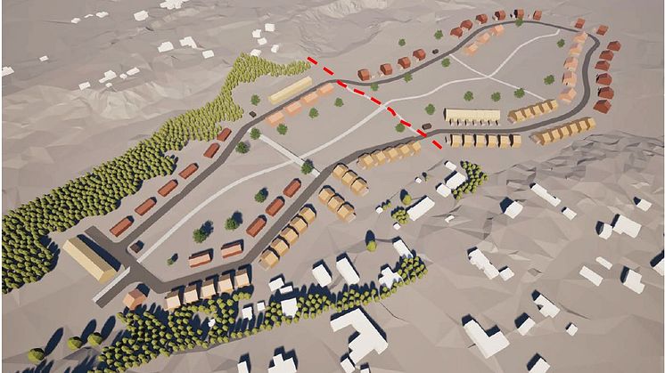 Illustrationen visar planerad ny bebyggelse norr om Hökåsen/väster om Tillberga. Rödstreckad linje visar gränsen som delar detaljplanerna dp 1999 (till höger) samt dp 2000. Illustration: Sweco Architects.