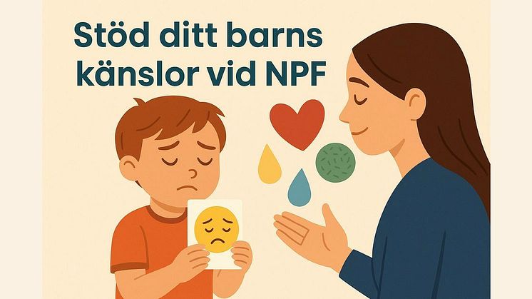 Barn visar känslokort för vuxen i illustrerad miljö, symboliserar känslouttryck vid NPF.