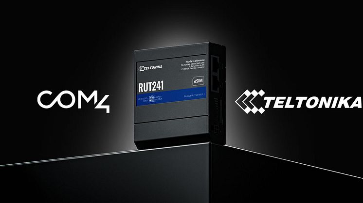 Teltonika RUT241 industriell 4G-ruter med Com4 IoT-konnektivitet, med Teltonika- og Com4-logoer.