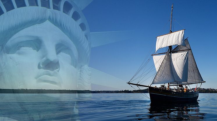 En fotomontasje av hodet på frihetsstauen i New York og en seilskute på havet.