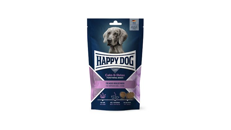 Happy Dog Care Snack Calm & Relax: Getreidefreie Leckerlis mit wertvollem Hanf, L-Tryptophan und Magnesium sorgen für kleine Wohlfühlmomente