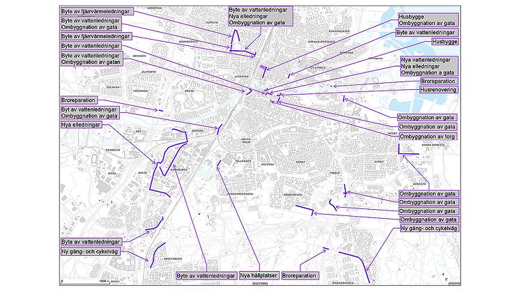 Karta över planerade gatuarbetena med större påverkan på framkomligheten i centrala Örebro under 2025.
