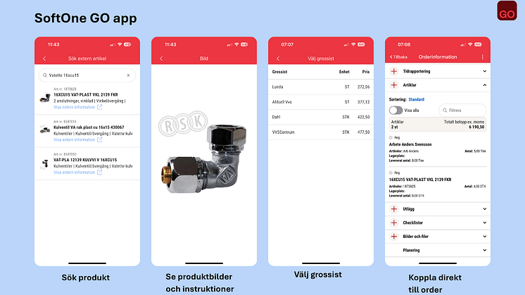 SoftOne GO app: sök VVS-produkt, se bild/instruktioner och koppla till order