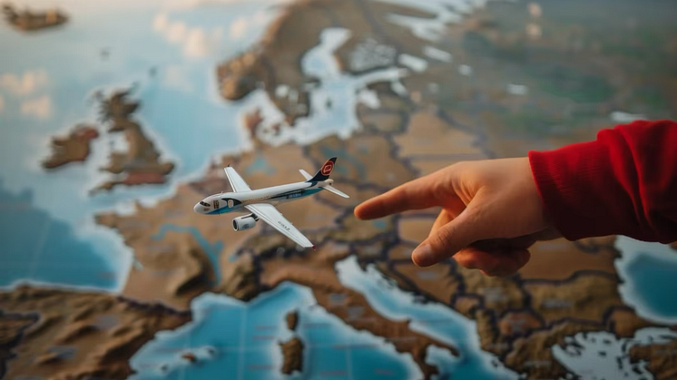 A map of Europe with an aeroplane on it and a hand with an outstretched index finger