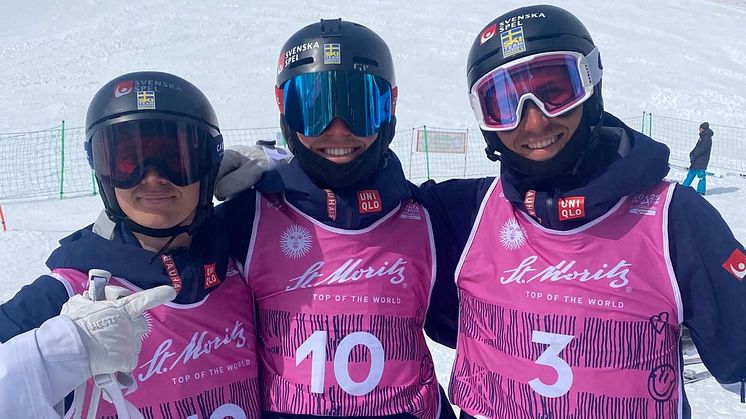 Robin Olgård, Rasmus Stegfeldt och Filip Gravenfors topp 10 på VM i parallellpuckel i Engadin (SUI).