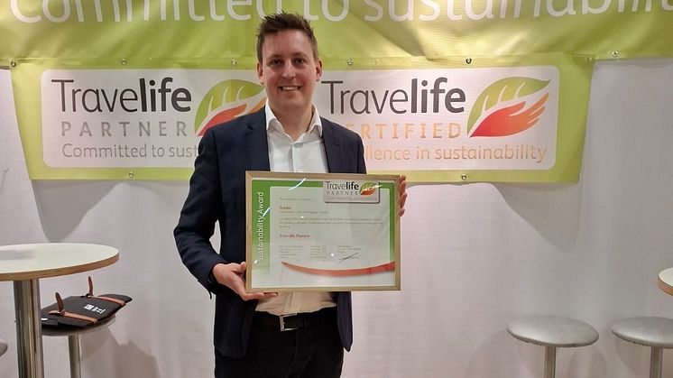 Marco Edin, hållbarhetskoordinator på Sembo, på plats på ITB i Berlin.