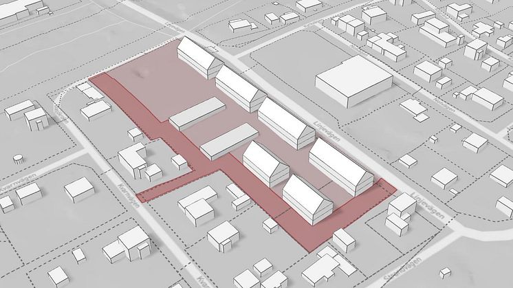 Nya bostäder ska byggas längs Linjevägen i Obbola. Bilden visar en förenklad volymillustration av en möjlig exploatering utifrån den nya detaljplanen, sett från sydost.