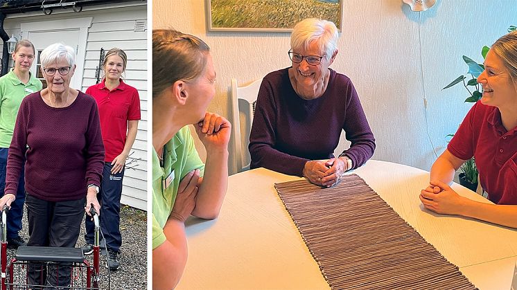 Som en liten extra trygghet har Majls med sig en rullator när hon numera promenerar utomhus. Eva Ottosson och Emma Fredriksson är mycket imponerad över hennes snabba återhämtning.