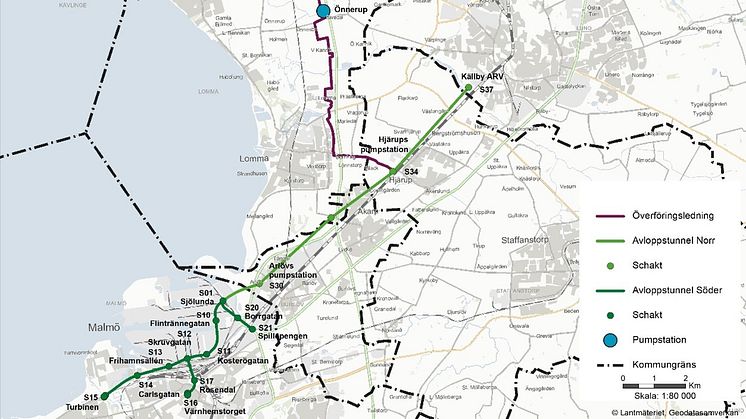 Principskiss och arbetsmaterial över föreslagen tunneldragning från VA SYD, observera att det inte är några exakta koordinater på kartan.