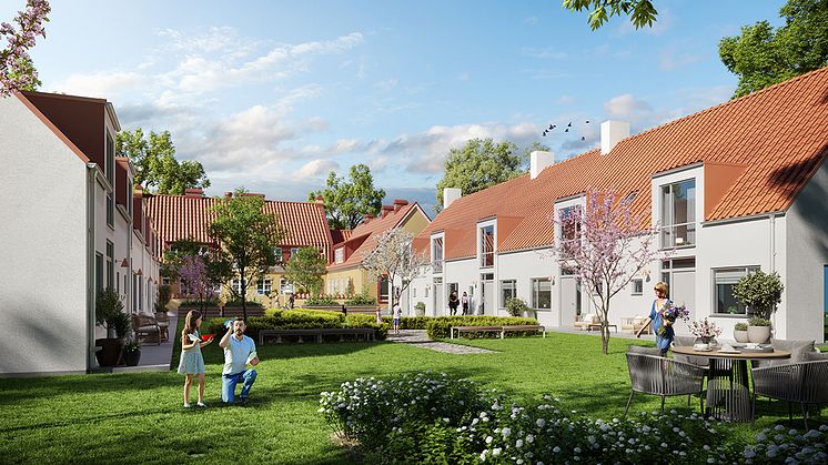 Visionsbild från GBJ Bygg. De nya husen ska se ut ungefär som det gamla, så att hela området får en enhetlig stil. 