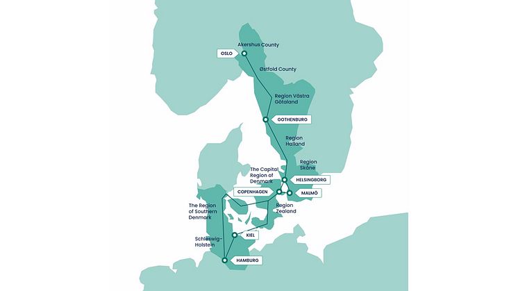 STRING megaregion består av nio regioner och sju städer i Danmark, Norge, Sverige och Tyskland med 14 miljoner invånare.