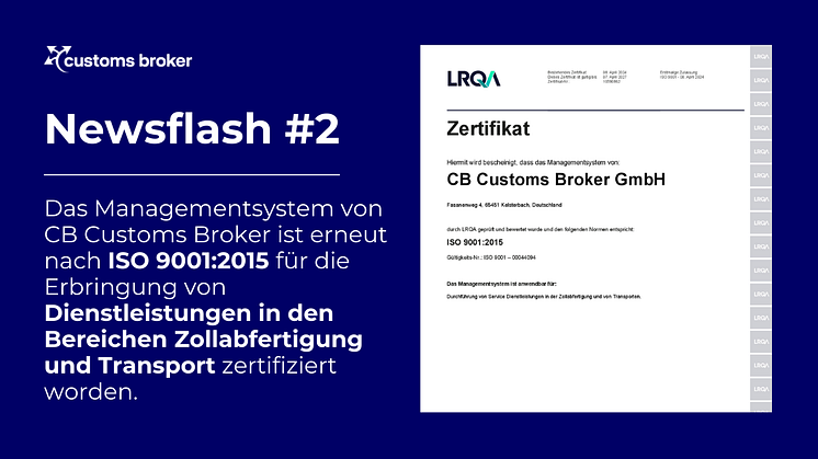 CB Customs Broker erneut nach ISO 9001:2015 zertifiziert