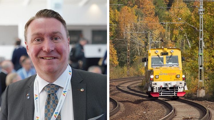 Jens Sjöström (S), ordförande Mälardalsrådet och investeringsregionråd Region Stockholm samt banarbetsfordon. Pressbilder.