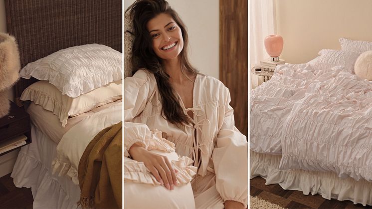Draperade detaljer i sovrummet hos Ellos Home