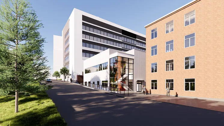 Renderad bild över sjukhusområde.