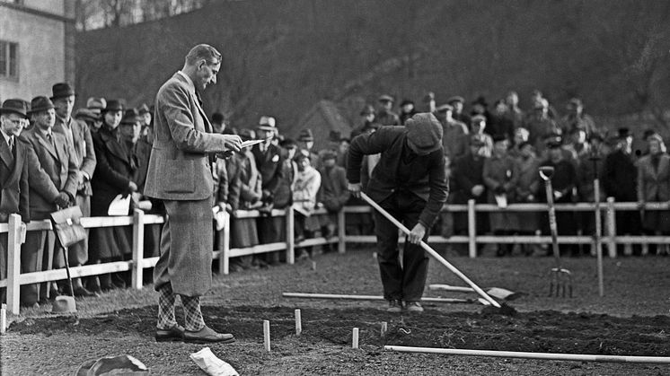 1942 upplåter parkförvaltningen Stockholms parkmark för odling av potatis och grönsaker. Vid Observatorielunden ges undervisning i konsten att sätta potatis. Foto: Okänd (Aftonbladet), Stadsmuseet i Stockholm