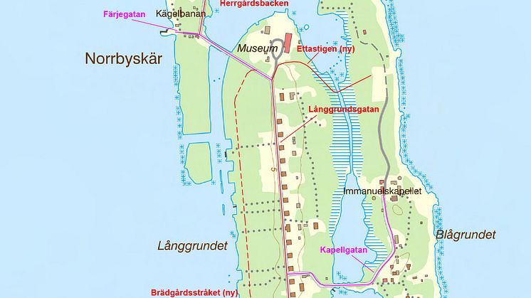 Kartbilden visar sex av de namngivna gatorna på Norrbyskär, öppna bilden för att se de övriga två. 