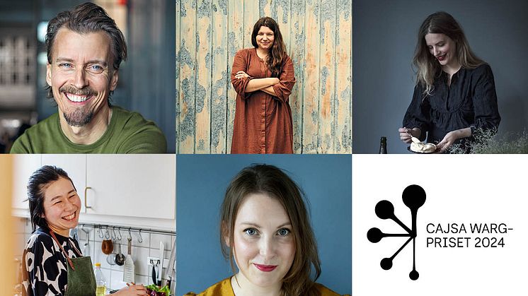 De fem finalisterna till Cajsa Warg-priset 2024: Paul Svensson (foto: Charlie Drevstam), Tove Nilsson (foto: Roland Persson), Sofia Wood (foto: Frida Enlund), Saori Ichihara (foto: Ylva Sundgren), Julia Tuvesson (foto: Miriam Preis och Campher)