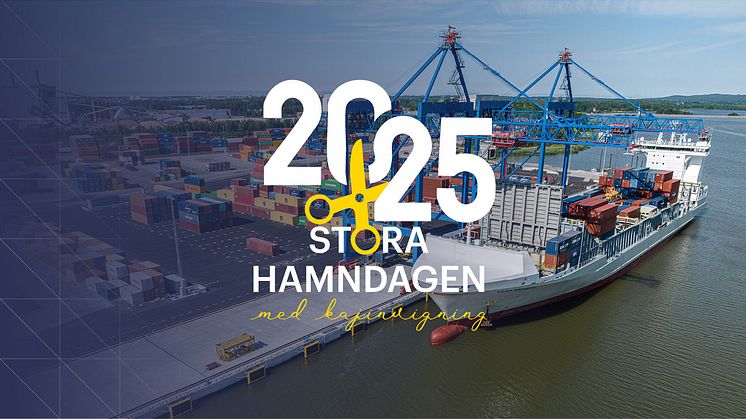 Containerfartyg vid kaj i Norrköpings Hamn tillsammans med logotypen för Stora Hamndagen.