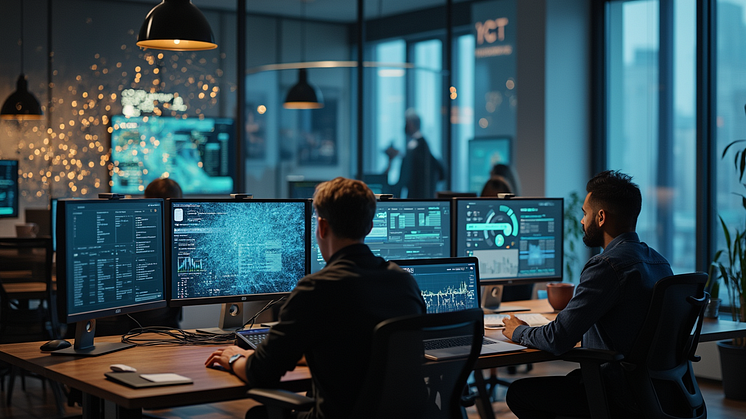 AI-generert foto der man ser to personer overvåke cyberaktivitet foran pc-skjermer