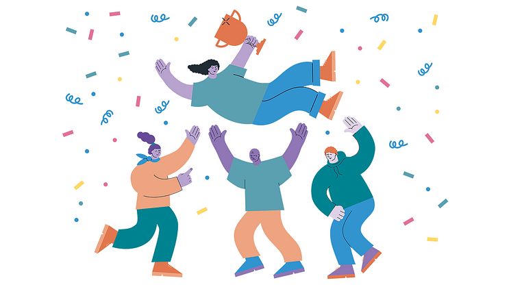 Illustration av tre personer som firar en fjärde person som håller i en pokal. De är omgivna av konfetti.