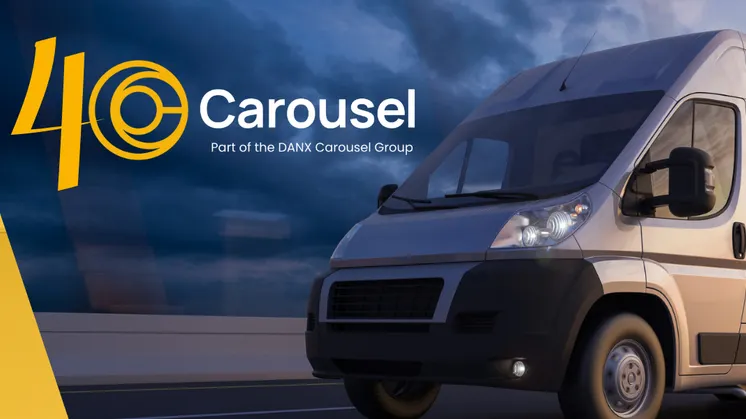 Carousel Logistics logo with celebratory 40 number and white van in the background