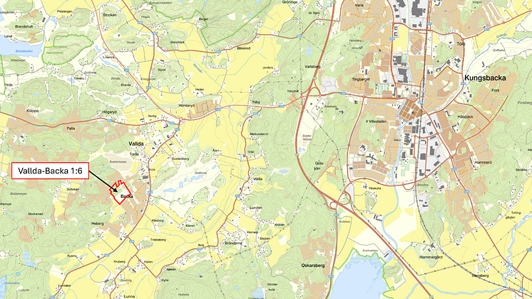 Lokalisering av planområdet i Vallda. Källa: Lantmäteriet.