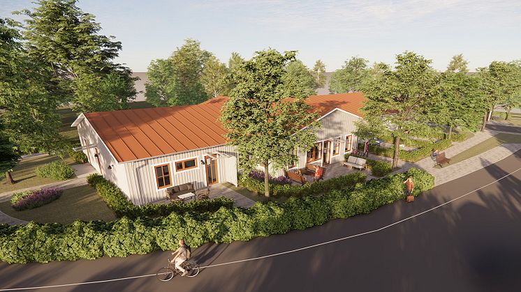 Ett enplanshus med tillhörande trädgård. Bilden är en visionsskiss för den nya gruppbostaden i Mosås.