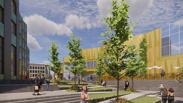 Ny återbrukad söderfasad och helt nytt grönskande gångstråk mellan Östra Boulevarden och Kanalgatan. Alla illustrationer: Boulevardfastigheter AB/Sesam Arkitekter