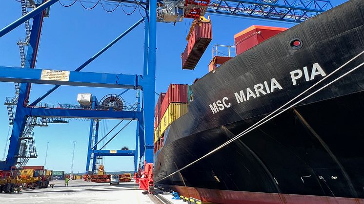Containerfartyget MSC Maria Pia vid Pampuskajen i Norrköpings Hamn.