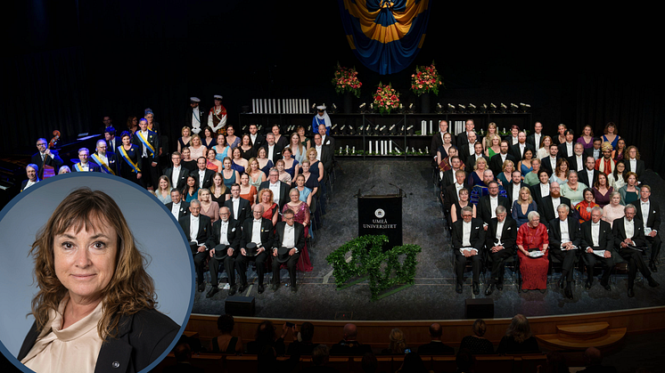 Umeå universitets nya rektor installeras under Vårpromotionen 2025. Bakgrundsbilden är från ceremonin förra året. Foto: Mattias Pettersson. (Bilden är ett montage)