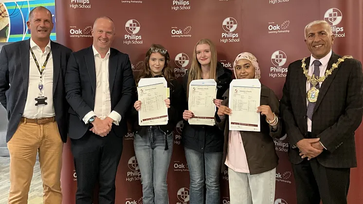 The Mayor with children at Philips High School celebrating GCSE results day