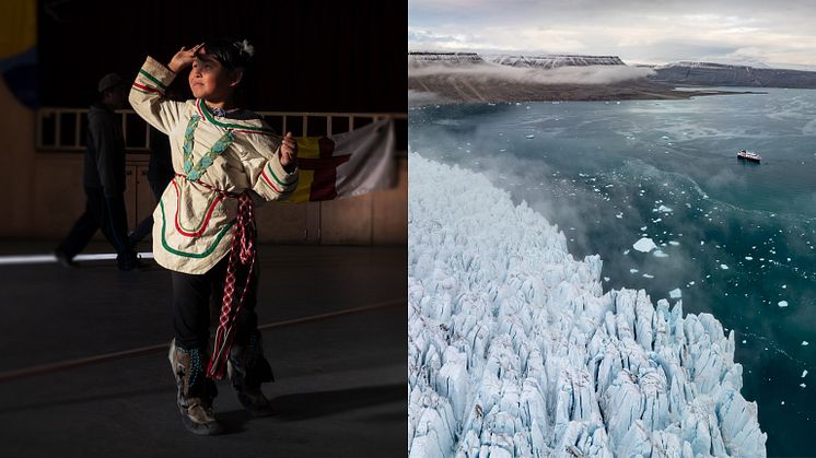 A traditional Inuit dance in Pond Inlet, Canada, left, and an HX vessel sailing past glaciers in Croker Bay, Nunavut, right.