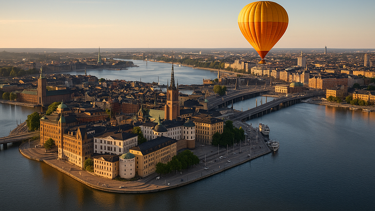 Ai genererad bild på Stockholm med Luftballong i himmelen