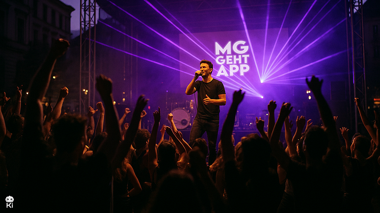 Live-Auftritt vor Publikum mit MG GEHT APP Logo – Musik-Event zur Mönchengladbach App mit digitalem Lichtdesign.