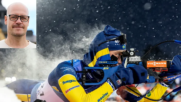 Skidskytt med gevär och inklippt porträttfoto