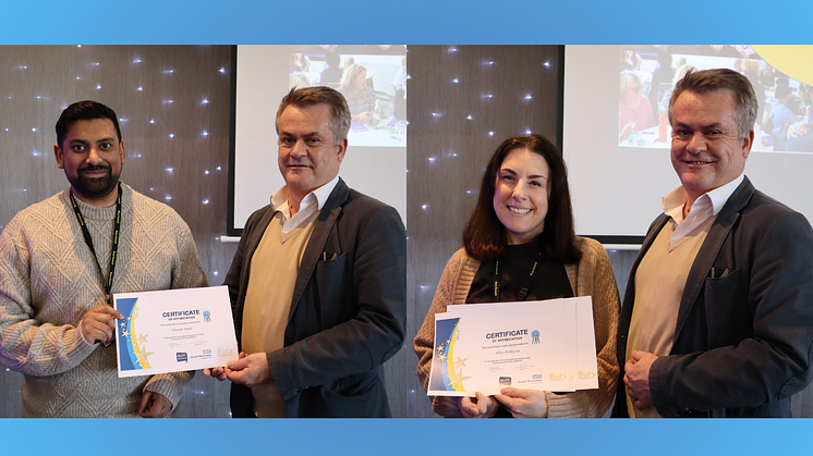 Social worker Taiyab Patel and Alex Hoskyn of the Towards Independence Team are thanked by Adrian Crook, director of adult social services and community commissioning.