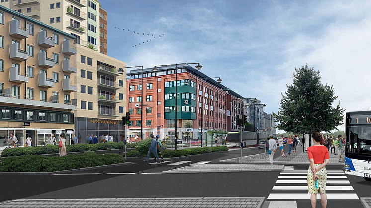 Illustration över hur Östra Bangatan kommer se ut när arbetet med att anpassa gatan för Citylinjen är färdigt. Bild: Örebro kommun