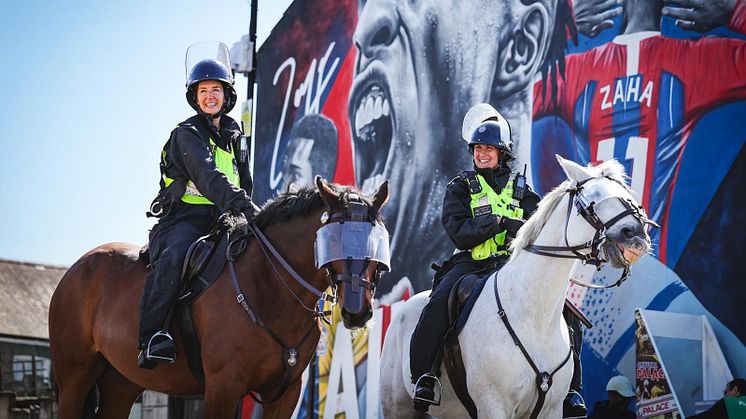 [Image: Police horses Yvonne and Snaffles ridden by PC Heidi Espie (left) and PC Claire Twigg]