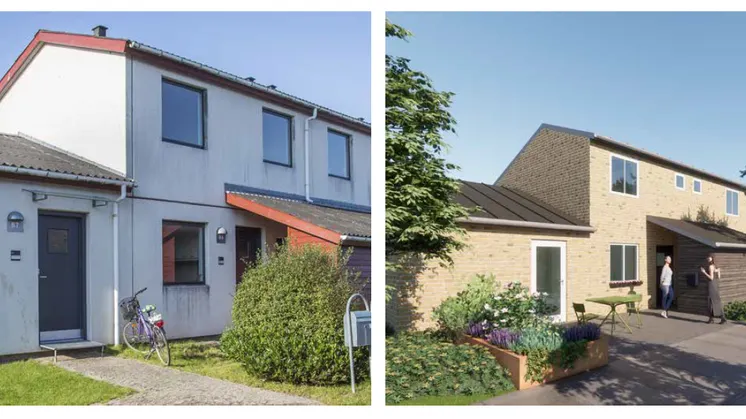Tv.: Billede af boliger på Hvalpsundvej. Th.: Visualisering af Hvalpsundvej